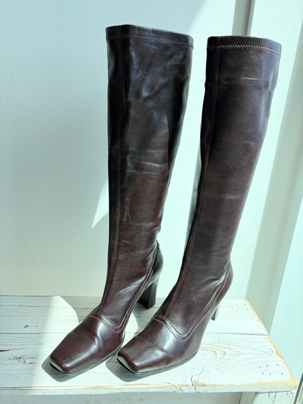 Chocolate Brown Square Toe Knee High Faux Leather Boots Womens 6.5 90s Vegan